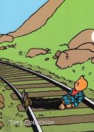 Chemise plastique Tintin attaché sur la voie ferrée