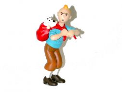 Tintin avec Milou dans son sac